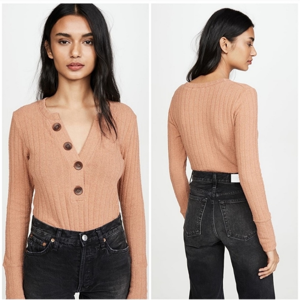 Free People Tan Long Sleeve Ribbed Top